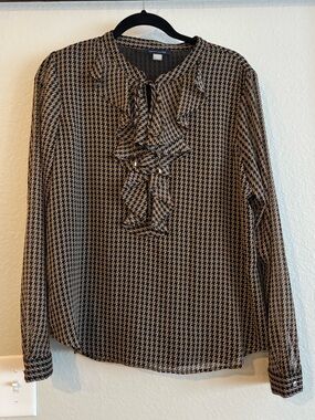 Tommy Hilfiger Brown & Black Houndstooth Ruffle Front Long Sleeve Blouse Large